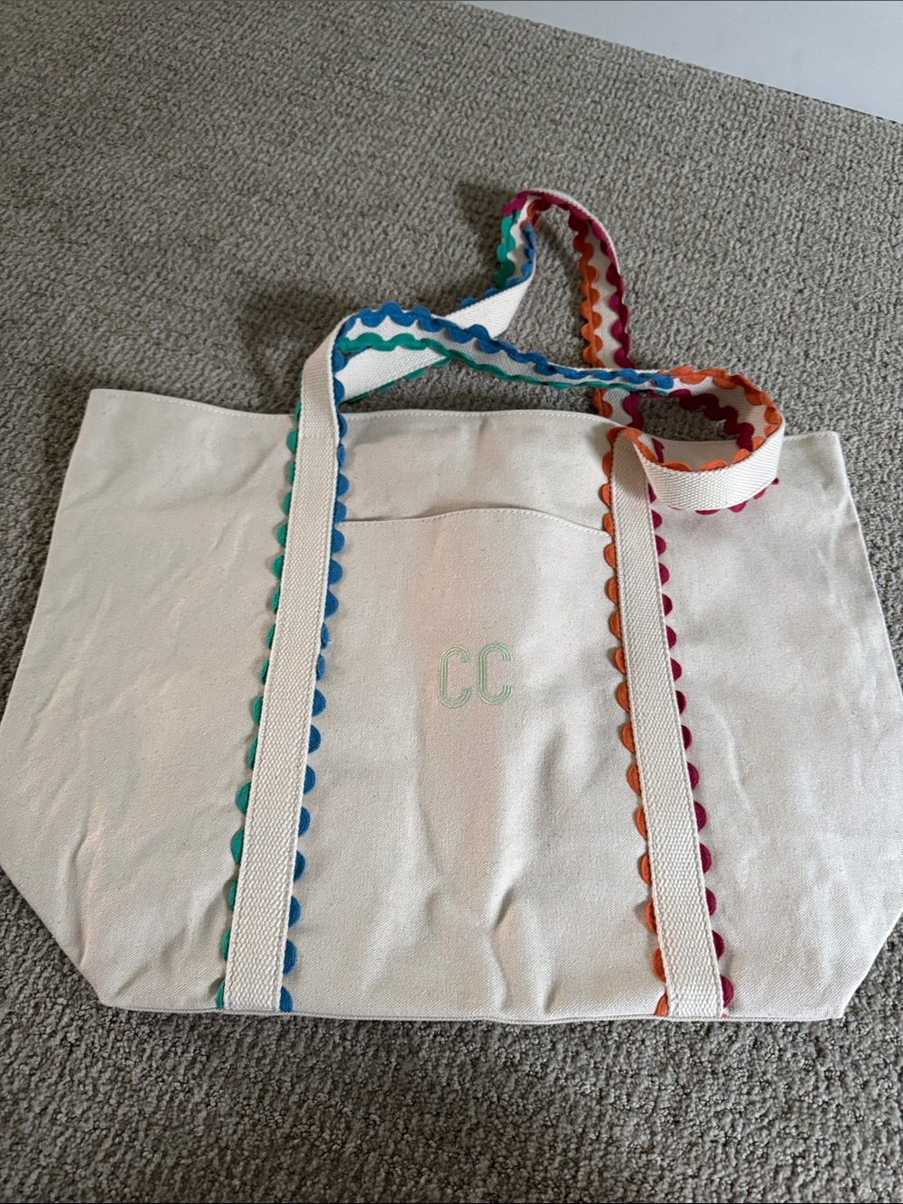 Cream Canvas Tote with Rainbow Scallop Trim